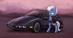 Size: 899x467 | Tagged: 80s, artist:buckweiser, car, clothes, derpibooru import, kitt, knight rider, leather jacket, night glider, pontiac firebird, safe, solo, standing