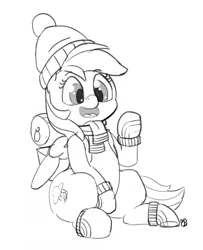 Size: 1280x1575 | Tagged: safe, artist:pabbley, derpibooru import, rainbow dash, pegasus, pony, dungeons and discords, 30 minute art challenge, clothes, cute, dashabetes, female, grayscale, hat, mare, mittens, monochrome, open mouth, scarf, simple background, sitting, solo, white background