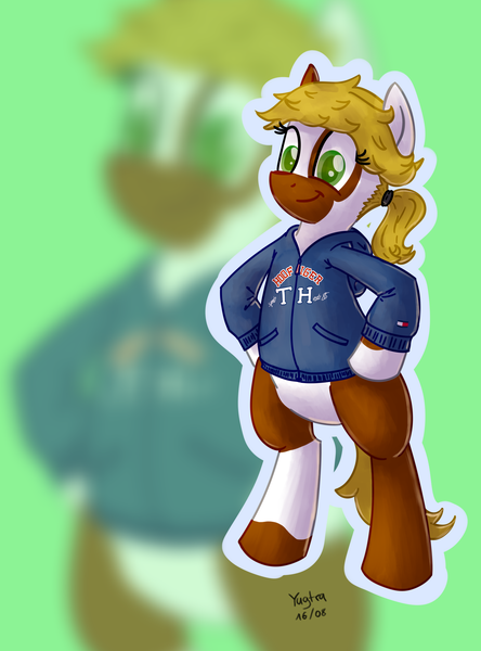 Size: 2224x3004 | Tagged: safe, artist:yugtra, derpibooru import, oc, oc:pawprint, unofficial characters only, earth pony, pony, bipedal, clothes, ponytail, solo, zoom layer