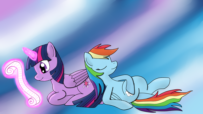 Size: 1920x1080 | Tagged: safe, artist:darelith, derpibooru import, rainbow dash, twilight sparkle, twilight sparkle (alicorn), alicorn, pony, abstract background, female, lesbian, lying down, magic, mare, on back, pony pillow, reading, scroll, shipping, sleeping, twidash