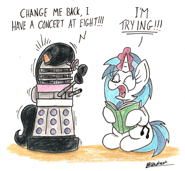 Size: 1667x1542 | Tagged: safe, artist:bobthedalek, derpibooru import, octavia melody, vinyl scratch, pony, unicorn, dalek, doctor who, magic, newbie artist training grounds, panic, species swap, spell gone wrong, traditional art, transformation