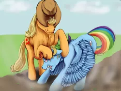 Size: 1280x960 | Tagged: applejack, artist:causticeichor, derpibooru import, noogie, rainbow dash, safe