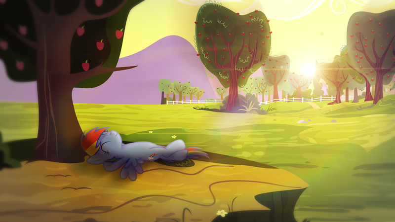 Size: 1024x576 | Tagged: safe, artist:aelioszero, artist:dipi11, artist:kooner-cz, derpibooru import, rainbow dash, pegasus, pony, apple orchard, female, happy, lens flare, mare, scenery, sleeping, solo, sunset, tree, vector, wallpaper