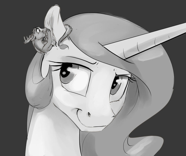 Size: 1280x1076 | Tagged: artist:silfoe, derpibooru import, discord, duo, grayscale, monochrome, princess celestia, royal sketchbook, safe, sketch, whispering