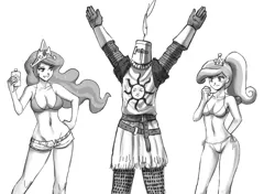 Size: 2000x1406 | Tagged: armor, artist:johnjoseco, belly button, bikini, breasts, busty princess celestia, clothes, crossover, crossover shipping, crown, dark souls, derpibooru import, female, grayscale, human, humanized, jewelry, male, monochrome, ponytail, praise the sun, princess cadance, princess celestia, regalia, shipping, shorts, solaire of astora, straight, suggestive, suntan lotion, swimsuit