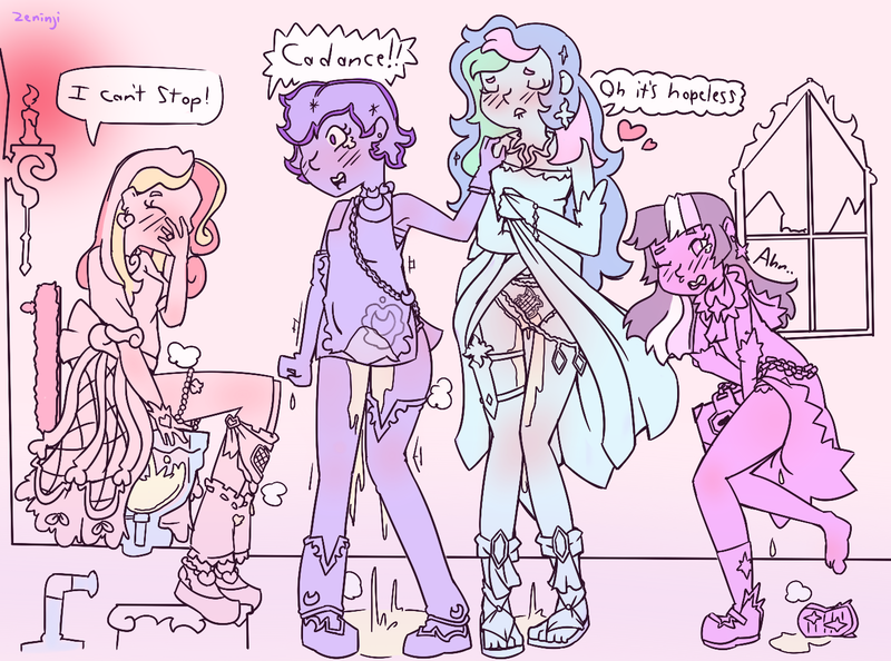 Size: 1388x1031 | Tagged: questionable, artist:lawrence alpaca, derpibooru import, princess cadance, princess celestia, princess luna, twilight sparkle, human, alternate costumes, blushing, context is for the weak, humanized, need to pee, omorashi, peegasm, peeing in the dress, pissing, pissing on self, potty emergency, potty time, toilet, urine, wetting, why