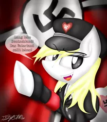 Size: 3998x4549 | Tagged: safe, derpibooru import, oc, oc:aryanne, unofficial characters only, earth pony, pony, armband, female, flag, german, germany, hat, heart, heil, nazi, necktie, patriotic, reich, salute, sharp teeth, solo, speech bubble, swastika