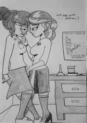 Size: 2988x4243 | Tagged: suggestive, artist:missmayaleanne, derpibooru import, sci-twi, sunset shimmer, twilight sparkle, equestria girls, bad touch, beaker, clothes, erlenmeyer flask, female, females only, flask, lab coat, lesbian, molestation, monochrome, periodic table, scitwishimmer, shipping, socks, sunsetsparkle, traditional art
