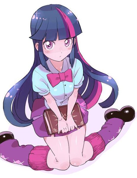 Size: 539x700 | Tagged: safe, artist:44gomi, derpibooru import, twilight sparkle, twilight sparkle (alicorn), equestria girls, adorkable, book, clothes, cute, dork, kneeling, leg warmers, legs, looking at you, moe, neck bow, pleated skirt, shoes, simple background, skirt, socks, solo, twiabetes