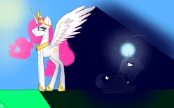 Size: 1280x800 | Tagged: safe, artist:nightcoreamera, derpibooru import, princess celestia, princess luna, pink-mane celestia, sad, shadow, younger