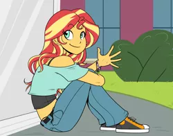 Size: 1200x941 | Tagged: safe, artist:reiduran, derpibooru import, sunset shimmer, equestria girls, beautiful, bracelet, bronybait, bush, clothes, converse, cute, female, implied twilight sparkle, jeans, jewelry, midriff, panties, pants, shimmerbetes, shoes, short shirt, sitting, smiling, sneakers, solo, thong, underwear, waving