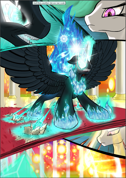 Size: 1087x1536 | Tagged: safe, artist:sevireth, derpibooru import, nightmare moon, princess celestia, oc, oc:nyx, alicorn, pony, comic:recollection, alicorn oc, comic, fire, magic, throne room, tyrant celestia