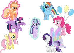 Size: 5736x4116 | Tagged: safe, artist:osipush, derpibooru import, applejack, fluttershy, pinkie pie, rainbow dash, rarity, starlight glimmer, twilight sparkle, twilight sparkle (alicorn), alicorn, pony, absurd resolution, floating, glimmer wings, levitation, magic, mane six, simple background, telekinesis, transparent background, vector