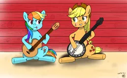 Size: 2048x1271 | Tagged: applejack, artist:tsum-tsum0221, banjo, deliverance, derpibooru import, guitar, musical instrument, rainbow dash, safe