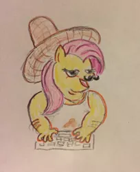 Size: 1561x1911 | Tagged: colored pencil drawing, derpibooru import, drawing, exploitable meme, faic, fluttershy, forced meme, keyboard, meme, mexican, offensive, racism, safe, sombrero, stereotype, traditional art