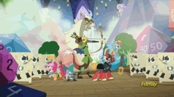Size: 702x392 | Tagged: safe, derpibooru import, screencap, big macintosh, discord, pinkie pie, rainbow dash, spike, skeleton pony, unicorn, dungeons and discords, animated, archer, bard, bard pie, captain wuzz, dice, discovery family logo, dungeons and dragons, fantasy class, garbuncle, gif, loop, mage, ogres and oubliettes, parsnip, pose as a team, race swap, rainbow rogue, rogue, sir mcbiggen, skeleton, slow motion, staff, sword, unicorn big mac, weapon