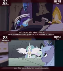 Size: 640x722 | Tagged: safe, derpibooru import, edit, edited screencap, screencap, princess celestia, princess luna, pony, cinemare sins, castle mane-ia, friendship is magic, castle of the royal pony sisters, filly, luna is friggen useless, s1 luna, trollestia