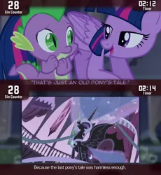 Size: 640x697 | Tagged: safe, derpibooru import, edit, edited screencap, screencap, nightmare moon, spike, twilight sparkle, twilight sparkle (alicorn), alicorn, pony, cinemare sins, castle mane-ia, friendship is magic