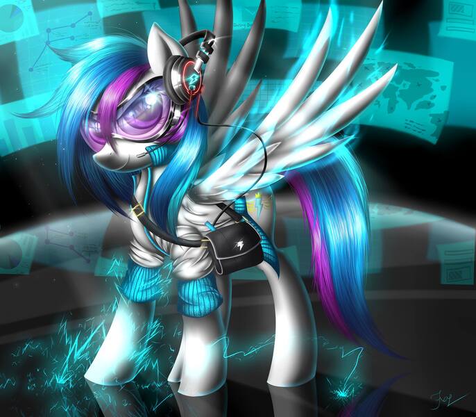 Size: 2048x1792 | Tagged: safe, artist:hoodiefoxy, derpibooru import, oc, oc:ray light, unofficial characters only, pegasus, pony, bag, clothes, electricity, goggles, headphones, headset, solo
