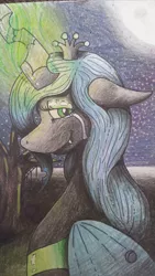 Size: 581x1032 | Tagged: artist:justthemadponi, changeling, changeling queen, crying, dead source, derpibooru import, female, magic, queen chrysalis, safe, smiling, solo, traditional art