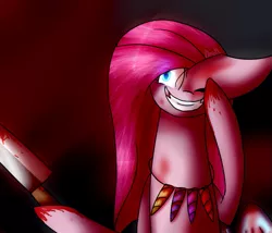 Size: 577x495 | Tagged: artist:sweetmelon556, blood, derpibooru import, fanfic:cupcakes, grimdark, horn necklace, knife, pinkamena diane pie, pinkie pie, solo