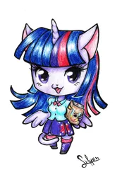 Size: 800x1158 | Tagged: alicorn, anthro, artist:lifyen, cat, catified, clothes, cute, derpibooru import, equestria girls outfit, leg warmers, pleated skirt, safe, shoes, simple background, skirt, socks, solo, species swap, traditional art, twiabetes, twilight sparkle, twilight sparkle (alicorn)