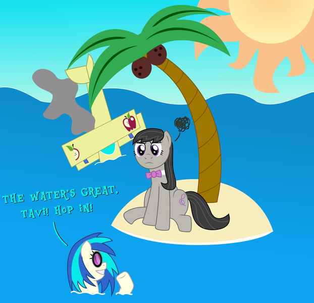 Size: 6250x6031 | Tagged: safe, artist:sketchmcreations, derpibooru import, octavia melody, vinyl scratch, earth pony, pony, unicorn, absurd resolution, annoyed, biplane, bowtie, castaway, coconut, coconut tree, comic, crash, cutie mark, female, food, hooves, horn, inkscape, island, mare, ocean, palm tree, plane, sitting, smiling, stuck, sun, sunglasses, swimming, tree, vector, water