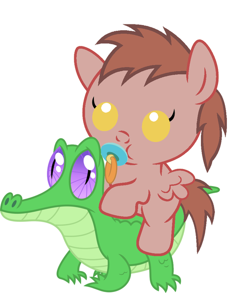 Size: 836x1017 | Tagged: safe, artist:red4567, derpibooru import, gummy, oc, oc:chip, pony, baby, baby pony, cute, ocbetes, pacifier, ponies riding gators, riding