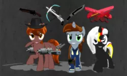 Size: 1280x768 | Tagged: safe, artist:zoroark67, derpibooru import, oc, oc:calamity, oc:littlepip, oc:velvet remedy, unofficial characters only, pegasus, pony, unicorn, fallout equestria, fanfic, 3d, battle saddle, cannon, clothes, fake dlc, fanfic art, female, gun, gunblade, hat, horn, knife, male, mare, mmd, pipbuck, pulse rifle, shotgun, stallion, vault suit, weapon, wings