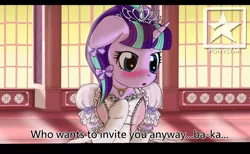 Size: 3200x1967 | Tagged: artist:avchonline, baka, blushing, canterlot royal ballet academy, clothes, derpibooru import, dress, engrish, female, hair bow, implied twilight sparkle, jewelry, lesbian, necklace, safe, shipping, solo, starlight glimmer, tiara, tsundere, twistarlight