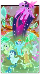 Size: 1689x3058 | Tagged: safe, artist:light262, derpibooru import, applejack, fluttershy, pinkie pie, rainbow dash, rarity, twilight sparkle, twilight sparkle (alicorn), alicorn, earth pony, pegasus, pony, unicorn, comic:timey wimey, badass, barrier, broken, escape, female, force field, glowing horn, magic, mane six, mare, open mouth, speed trail