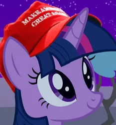 Size: 268x287 | Tagged: safe, derpibooru import, twilight sparkle, twilight sparkle (alicorn), alicorn, pony, cap, conservative, cropped, donald trump, hat, icon, make america great again, mouthpiece, photoshop, politics, republican, smiling, solo, trump