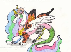 Size: 1280x937 | Tagged: artist:artistnjc, atg 2016, celestequus, derpibooru import, draconequified, draconequus, jewelry, newbie artist training grounds, princess celestia, safe, simple background, solo, species swap, spread wings, traditional art, transformation, wings