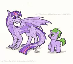 Size: 1083x947 | Tagged: safe, artist:artistnjc, deleted from derpibooru, derpibooru import, spike, twilight sparkle, ponified, dragon, pony, unicorn, blank flank, colt, dragon wings, dragoness, dragonified, duo, female, foal, looking at each other, male, newbie artist training grounds, ponified spike, simple background, species swap, surprised, traditional art, twilidragon, white background