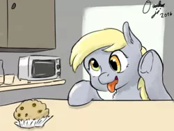 Size: 2000x1500 | Tagged: safe, artist:osakaoji, derpibooru import, derpy hooves, pegasus, pony, female, food, kitchen, mare, muffin, solo, tongue out
