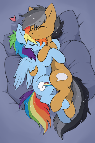 Size: 699x1043 | Tagged: safe, artist:hioshiru, derpibooru import, quibble pants, rainbow dash, earth pony, pegasus, pony, stranger than fan fiction, cuddling, cute, duo, eyes closed, female, heart, male, mare, quibbledash, shipping, smiling, snuggling, stallion, straight