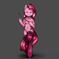 Size: 1280x1280 | Tagged: suggestive, artist:angrylittlerodent, derpibooru import, pinkie pie, earth pony, pony, semi-anthro, bedroom eyes, belly button, bipedal, clothes, collar, dominatrix, female, grin, implied femdom, kinkamena, kinkie pie, mare, pinkamena diane pie, smiling, solo, solo female, stockings, whip