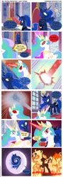 Size: 2550x7200 | Tagged: safe, artist:teammagix, derpibooru import, princess celestia, princess luna, sunset shimmer, pony, comic:sun setting misfortune, comic, possessed, possesstia, to the moon