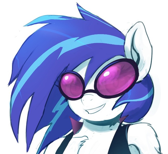 Size: 686x631 | Tagged: safe, artist:raikoh, derpibooru import, vinyl scratch, anthro, looking at you, smiling, solo, sunglasses