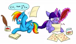 Size: 1235x711 | Tagged: safe, artist:lemurcat, derpibooru import, rainbow dash, twilight sparkle, pegasus, pony, unicorn, angry, correction, duo, glowing horn, gritted teeth, ink, ink stain, lazy, magic, pages, paper, proofreading, quill, simple background, speech bubble, telekinesis