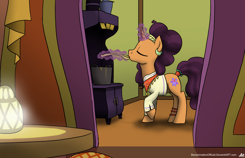 Size: 5100x3300 | Tagged: artist:bananimationofficial, cooking, derpibooru import, eating, eyes closed, levitation, magic, pot, raised hoof, safe, saffron masala, solo, spice up your life, spoon, stove, table, telekinesis, the tasty treat