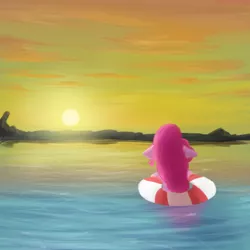 Size: 2000x2000 | Tagged: artist:vanillaghosties, derpibooru import, floppy ears, flotation device, ocean, pinkie pie, safe, solo, sunset, water