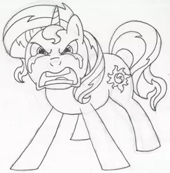 Size: 1695x1728 | Tagged: safe, artist:sugar-loop, derpibooru import, sunset shimmer, pony, equestria girls, angry, crying, furious, looking at you, monochrome, newbie artist training grounds, open mouth, solo, traditional art