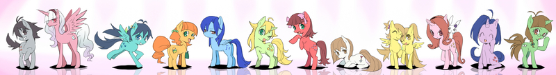 Size: 2938x400 | Tagged: safe, artist:44gomi, derpibooru import, oc, ponified, unofficial characters only, alicorn, earth pony, pegasus, pony, rabbit, unicorn, ami futami, animal, azusa miura, chihaya kisaragi, female, haruka amami, hibiki ganaha, idolmaster, iori minase, makoto kikuchi, mami futami, mare, miki hoshii, pixiv, prone, rearing, ritsuko akizuki, shijou takane, yayoi takatsuki, yukiho hagiwara