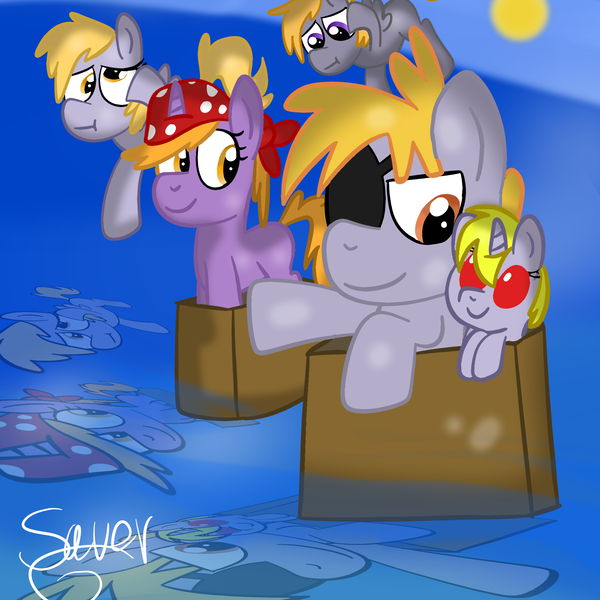 Size: 2000x2000 | Tagged: artist:saveraedae, brother and sister, chirpy hooves, crackle pop, derpibooru import, dinky hooves, dipsy hooves, dizzy doo, newbie artist training grounds, ocean, pirate, safe, siblings, the cart before the ponies, water