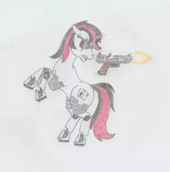Size: 1052x1064 | Tagged: safe, artist:agentappleblanket, derpibooru import, oc, oc:blackjack, unofficial characters only, cyborg, pony, unicorn, fallout equestria, fallout equestria: project horizons, fanfic, cutie mark, deal with it, desert eagle, fanfic art, female, glowing horn, gun, handgun, hooves, horn, level 1 (project horizons), levitation, magic, mare, pencil drawing, pistol, rearing, scar, shooting, simple background, solo, sunglasses, teeth, telekinesis, traditional art, weapon, white background