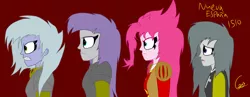 Size: 4000x1550 | Tagged: safe, artist:griggs305, derpibooru import, limestone pie, marble pie, maud pie, pinkie pie, equestria girls, alternate costumes, alternate hairstyle, angry, clenched teeth, conquistador, cross, equestria girls-ified, gritted teeth, new world, pie sisters, religion, scared, spain, spanish