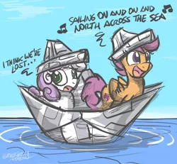 Size: 2656x2454 | Tagged: artist:flutterthrash, cutie mark, derpibooru import, dialogue, hat, iron maiden, newbie artist training grounds, ocean, paper boat, paper hat, powerslave (album), rime of the ancient mariner, safe, scootaloo, singing, song reference, sweetie belle, the cmc's cutie marks