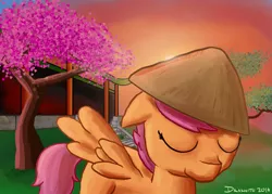 Size: 2100x1500 | Tagged: artist:drakinite, asian, cherry blossoms, conical hat, derpibooru import, epic, hat, safe, scootaloo, spread wings, sunset, wings