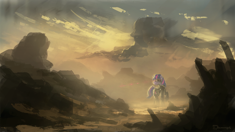 Size: 1280x720 | Tagged: dead source, safe, artist:shamanguli, derpibooru import, twilight sparkle, cyborg, pony, unicorn, atg 2016, borg, crossover, newbie artist training grounds, scenery, science fiction, solo, star trek